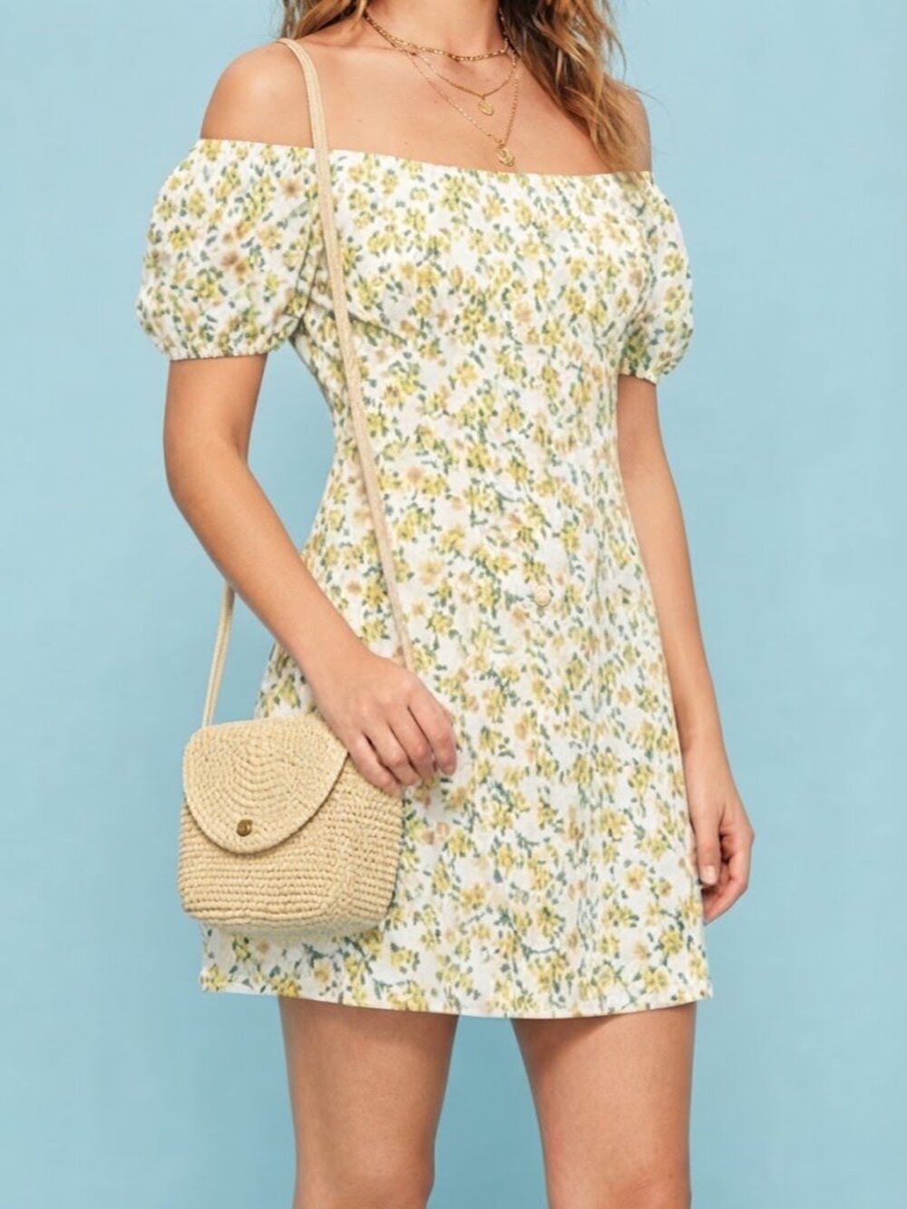 White & Yellow Floral Cottagecore Puff-Sleeve Mini Dress